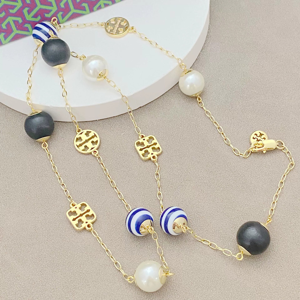 Tory Burch Feng Enamel Blue White Stripe Pearl Wood Bead Necklace